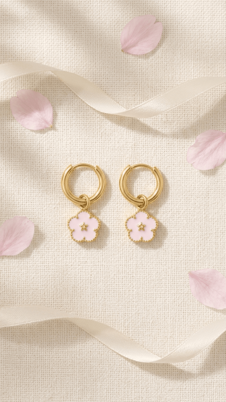 Gold hoop earrings featuring dainty, pale pink enamel flower charms with a small gold star center.