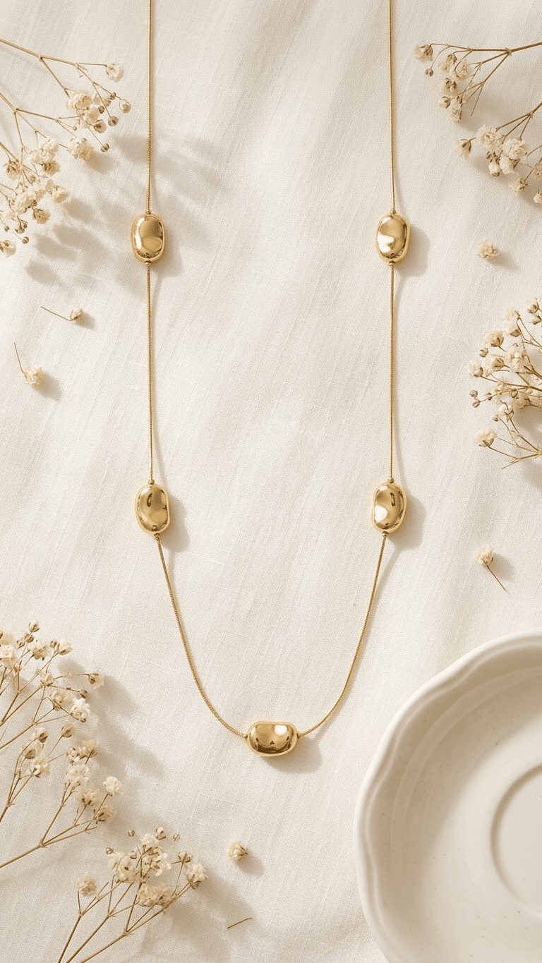 Modern gold necklace featuring five polished, bean-shaped charms on a thin, delicate gold chain against linen.