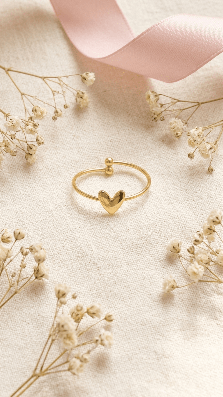 Minimalist gold ring with an open band design, featuring a central heart motif and small bead terminals.