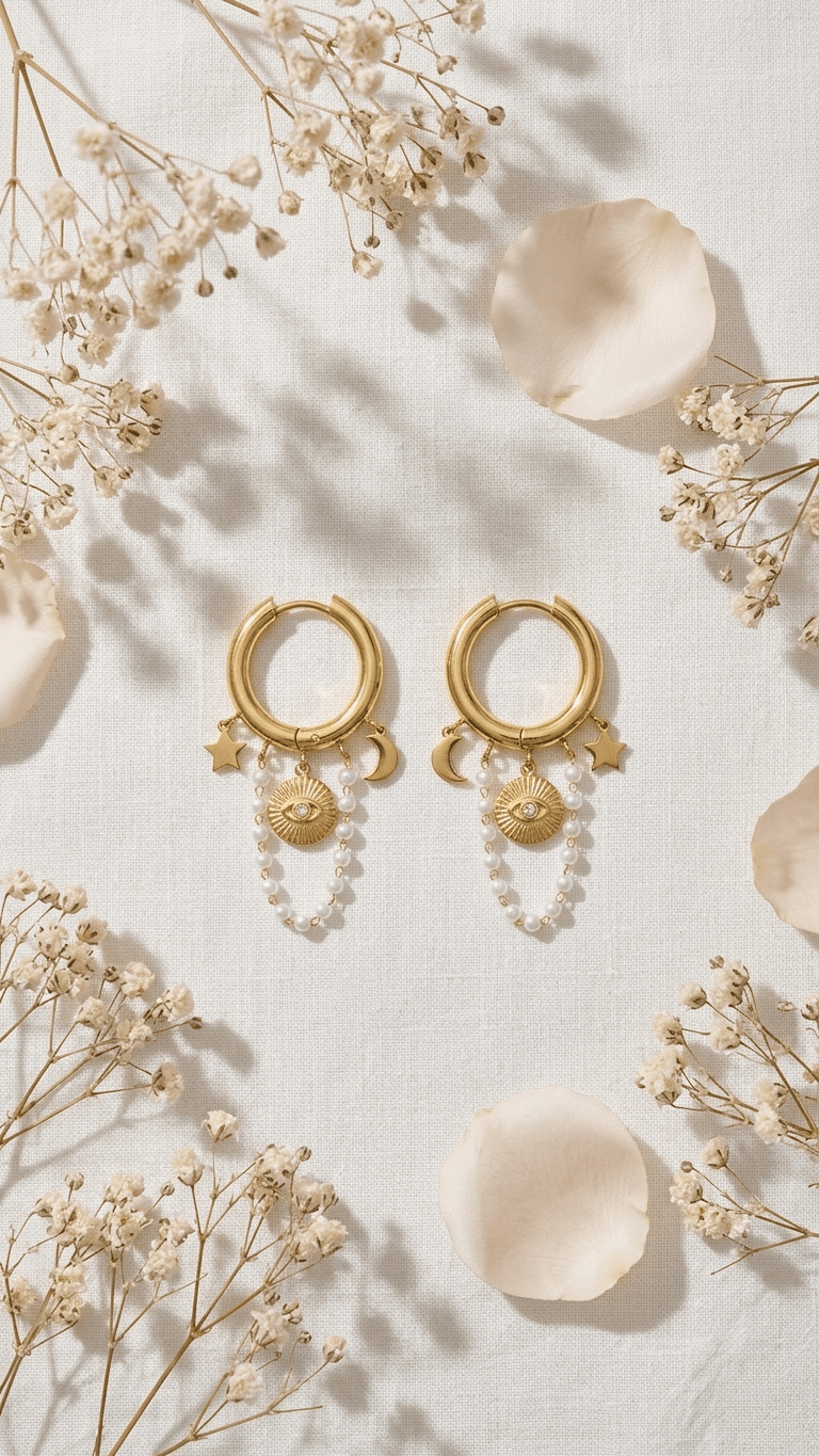 Gold hoop earrings with dangling celestial charms, pearl chains, and an evil eye pendant on a white floral background.
