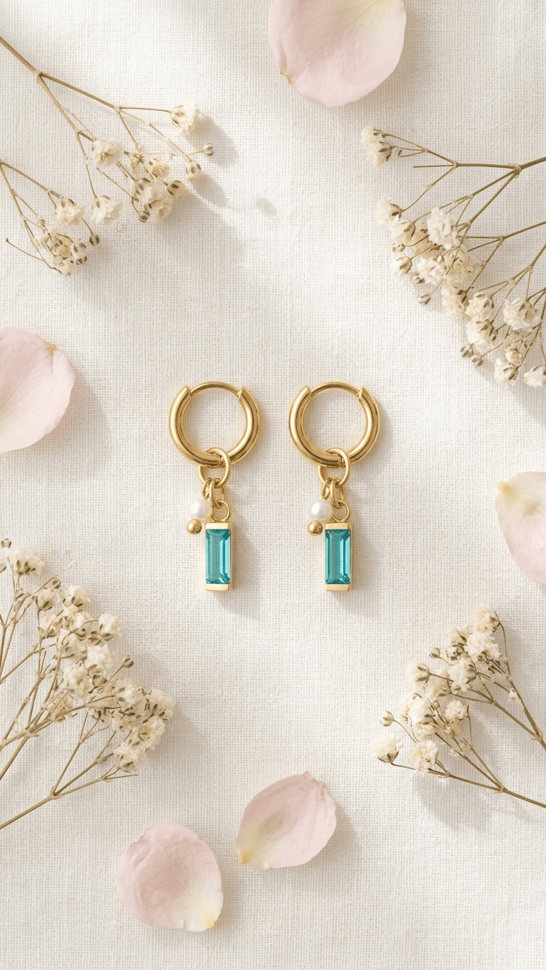 Dainty gold hoop earrings with a dangling rectangular teal gemstone and a small white pearl, on a floral background.