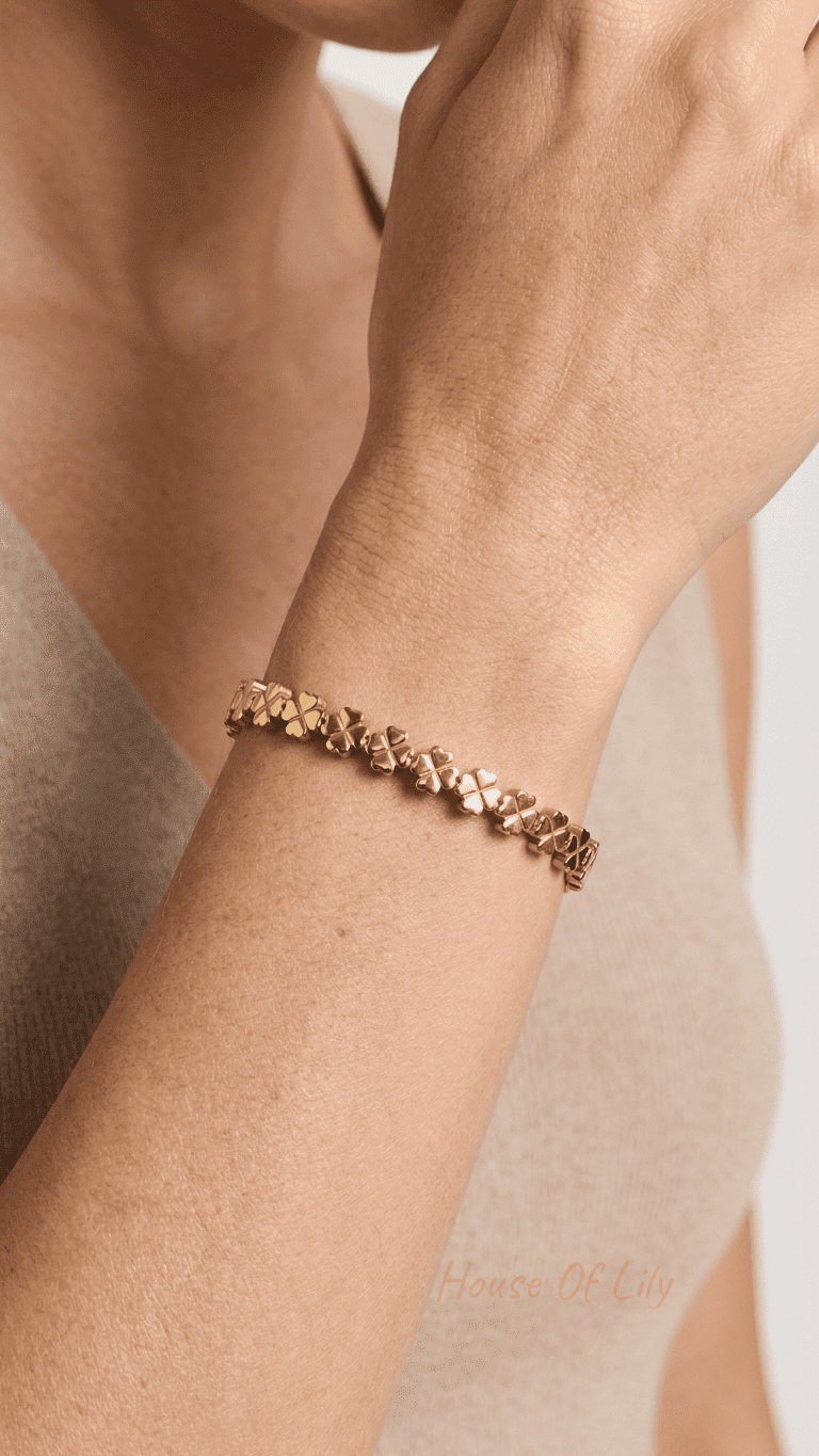 Gold clover charm bangle featuring a continuous chain of polished, four-leaf clover motifs on a woman’s wrist.