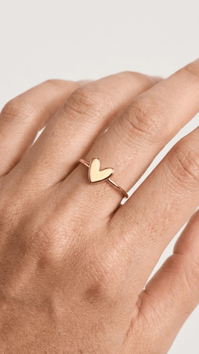 Minimalist gold band ring featuring a small, polished, solid heart-shaped charm on a slender finger.