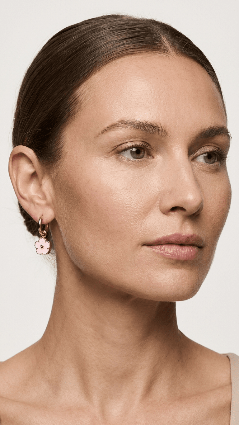 Model wearing gold hoop earrings with small, light pink soft enamel flower charms.