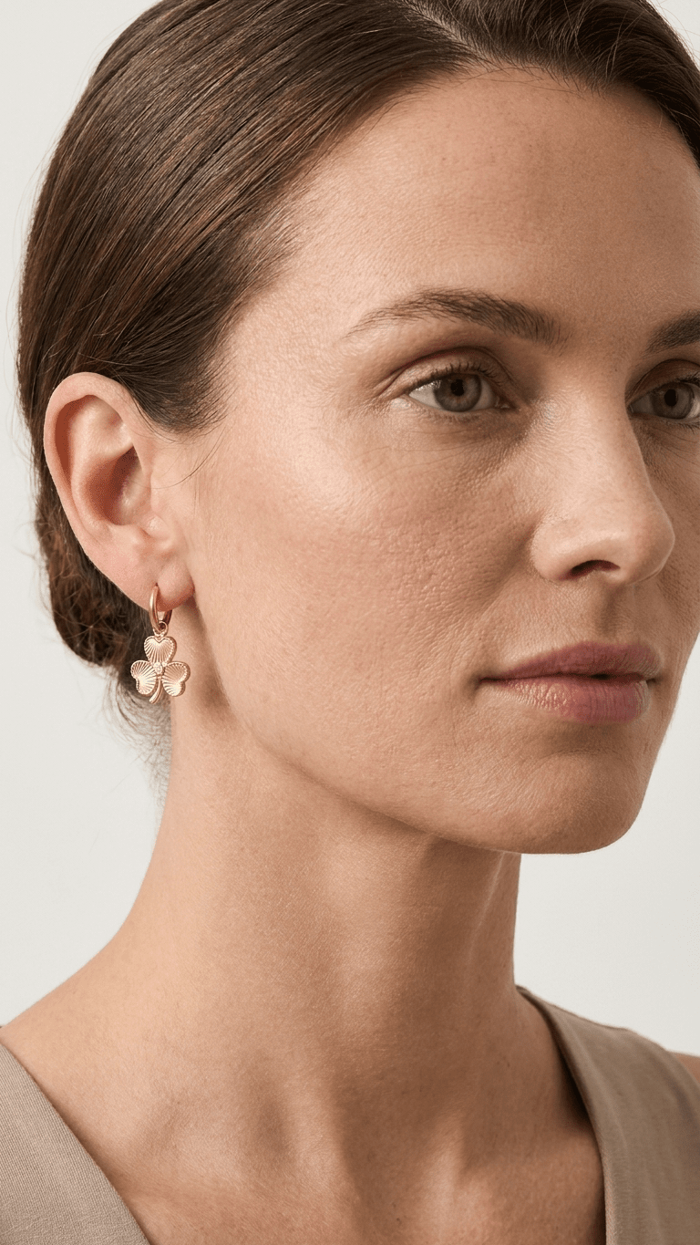 Lucky Girl Core Hoops: Gold mini huggie earrings featuring a textured, three-leaf clover charm.