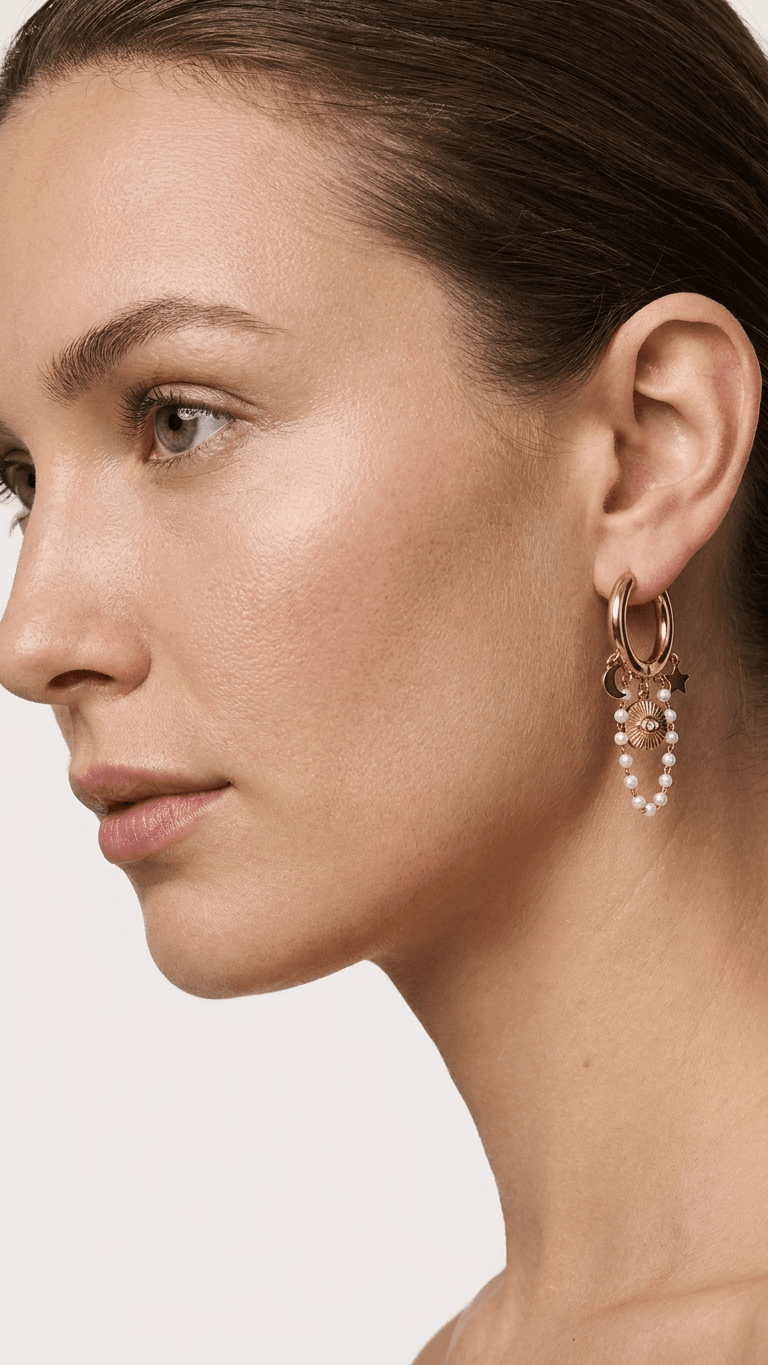 Gold Sun Drop Pearl Hoops with celestial charms and a delicate pearl chain drape worn on a woman's ear.