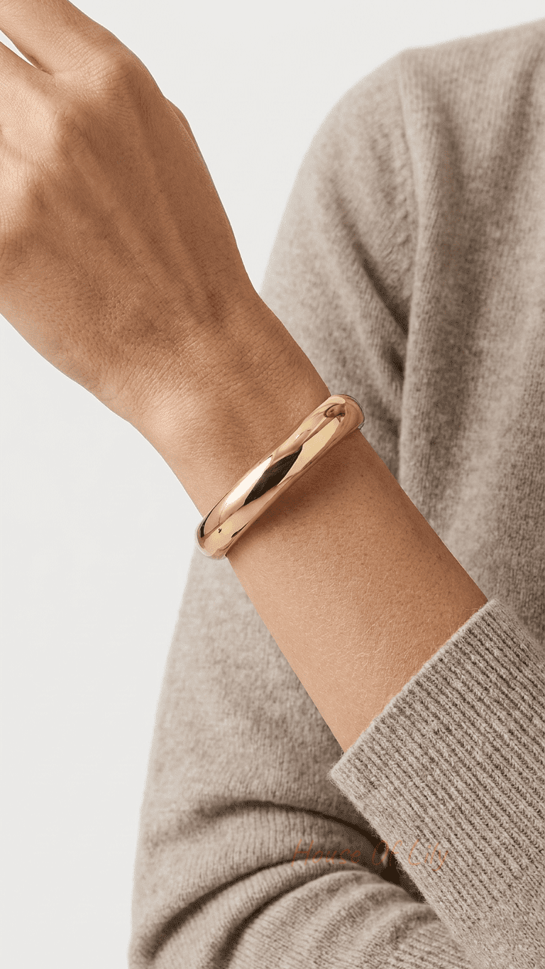 Chunky, high-polish gold bangle worn on a wrist against a beige sweater.