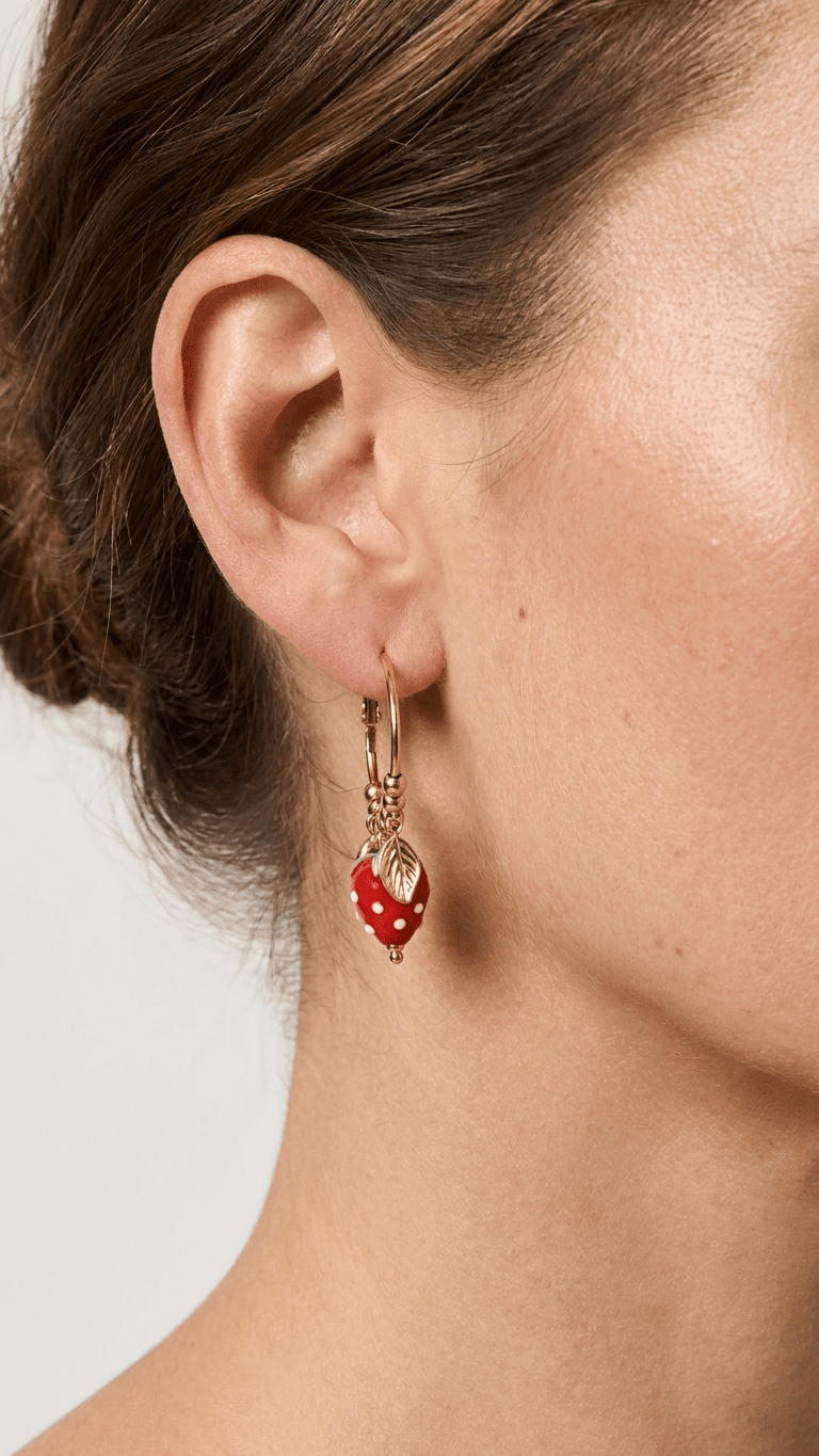Gold hoop earring worn on an ear, featuring a dangling red strawberry charm with white dots and a small gold leaf.