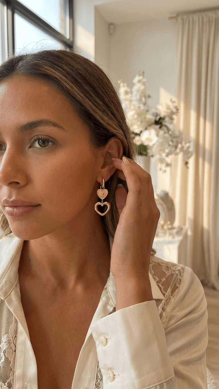 Woman wearing gold heart-shaped earrings in a bright room with flowers in the background