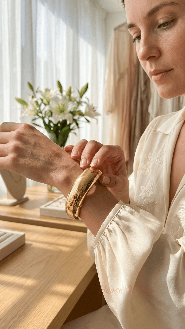 Woman wearing a polished, chunky gold hinged bangle on her wrist in a bright, airy jewelry store setting.
