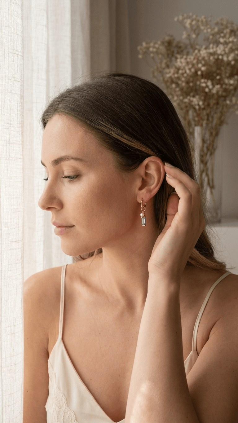 Woman wearing dainty gold hoop earrings with a small white pearl and a dangling rectangular blue gemstone.