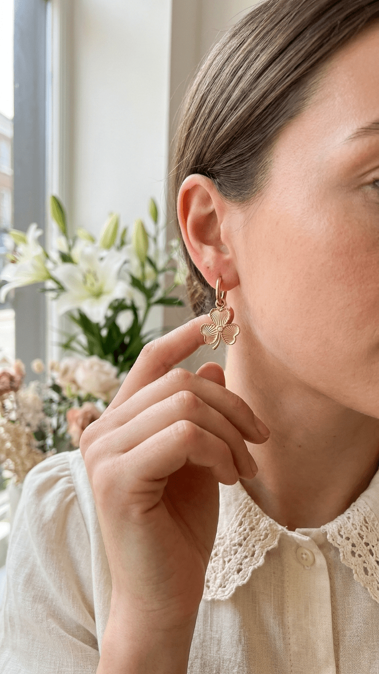 Gold Lucky Girl Core hoop earrings featuring a textured, fan-patterned clover charm worn on an ear.