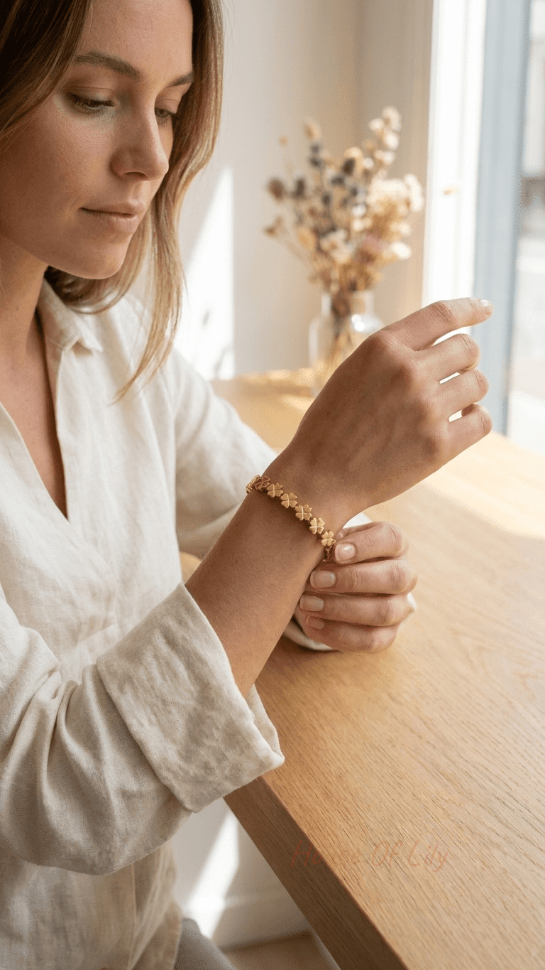 Woman wearing a gold bangle bracelet featuring a series of delicate, matte-finish four-leaf clover charms.