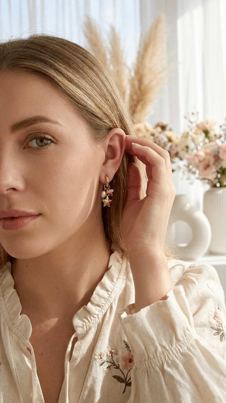 Woman wearing gold Stardust Click Hoops featuring a small star charm and pink bead on a gold huggie earring.