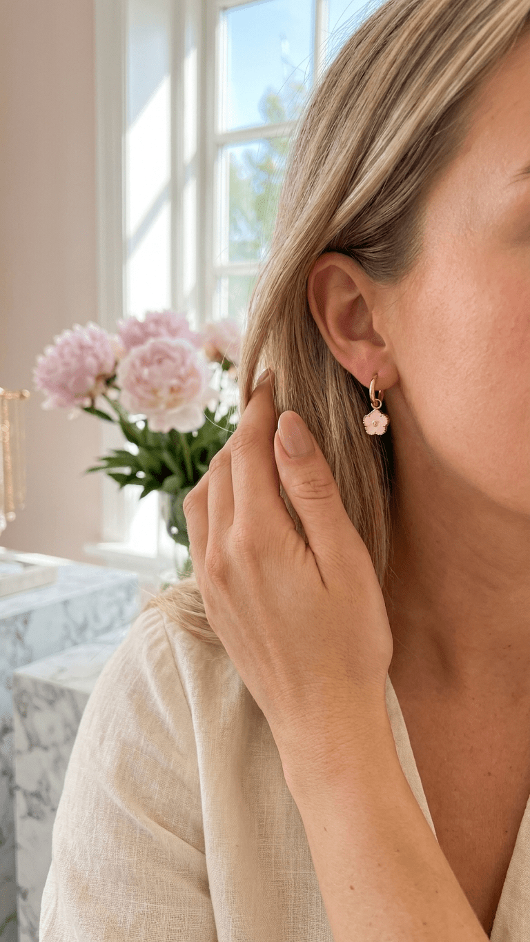 Soft Enamel Bloom Hoops featuring a small, pale pink flower charm hanging from a delicate gold hoop earring.