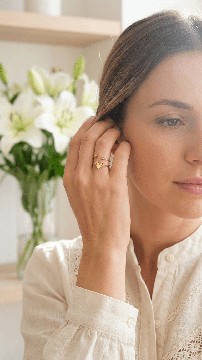 Dainty gold ring with a heart charm and dual-band open design, worn by a woman next to white lilies.