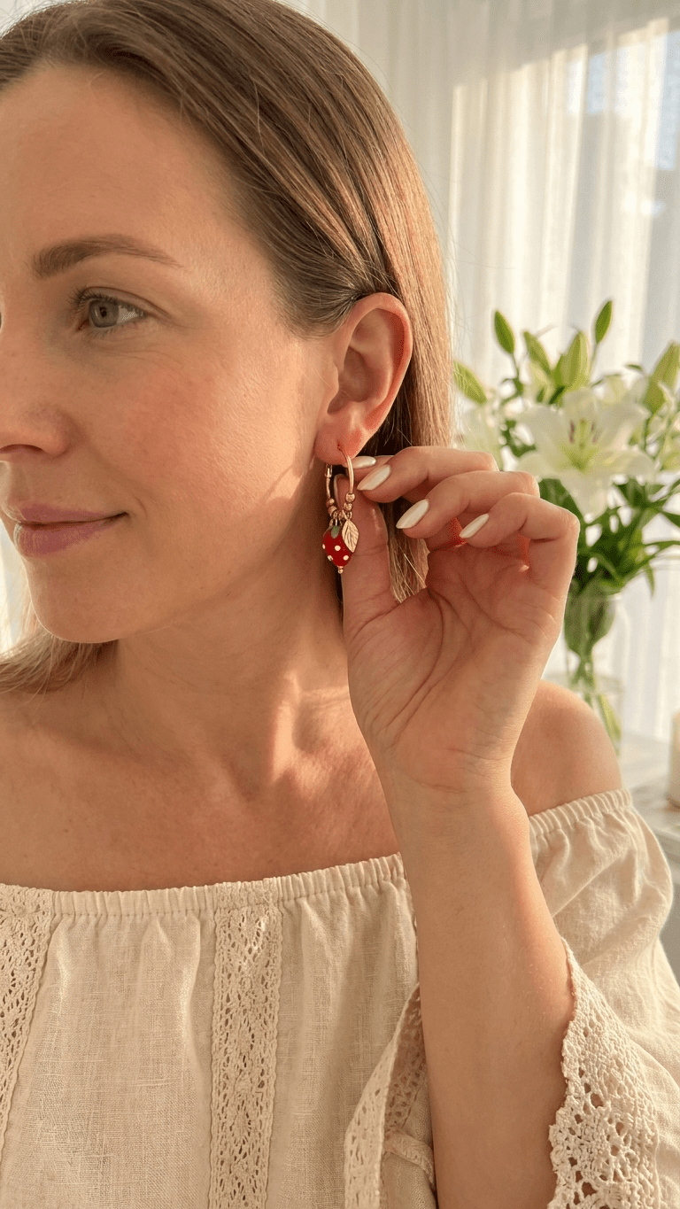 A woman wears gold hoop earrings with a red strawberry charm and a small green leaf accent on her earlobe.