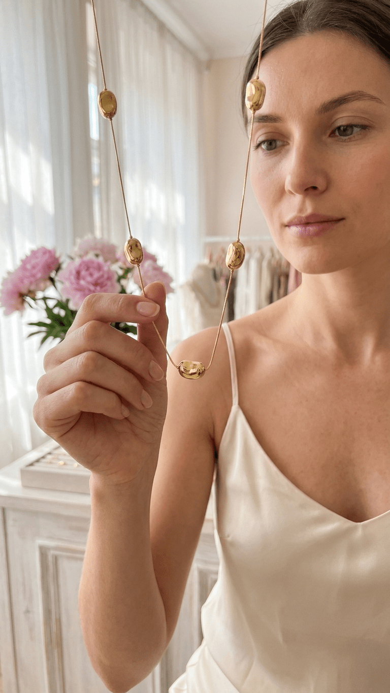 A woman holds a delicate gold chain necklace featuring polished, bean-shaped gold charms at intervals.
