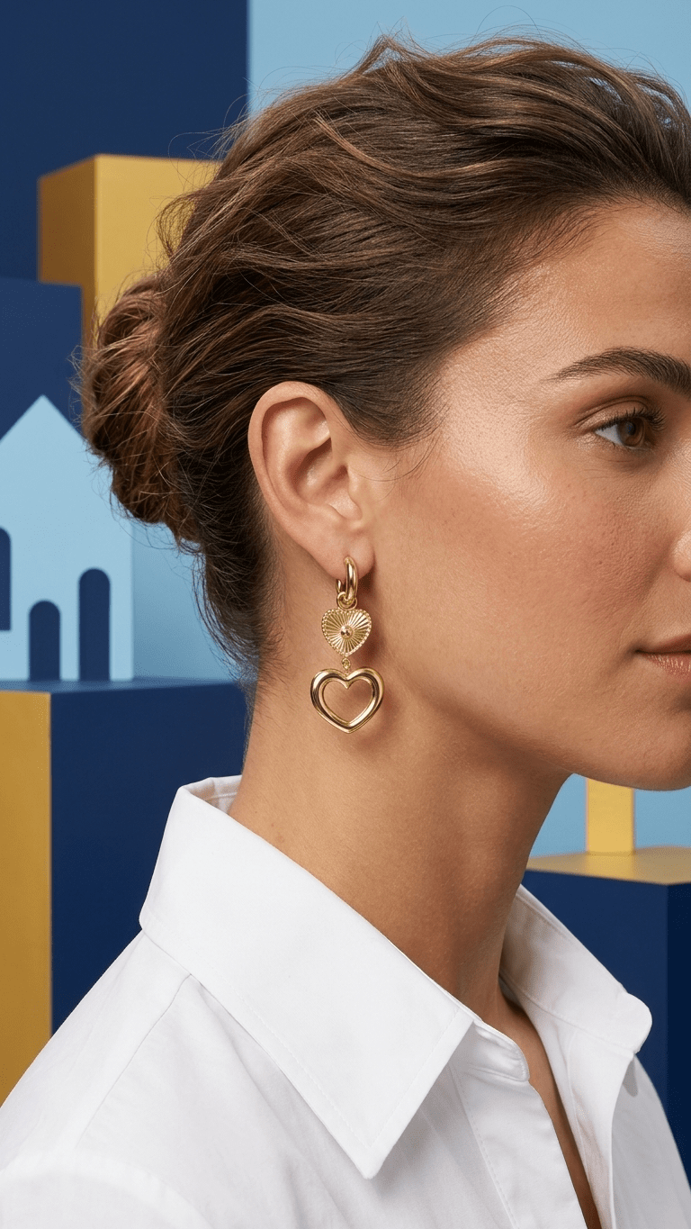 Golden Heartcore Dangles: Gold hoop earrings featuring a textured small heart charm and a larger open heart drop.