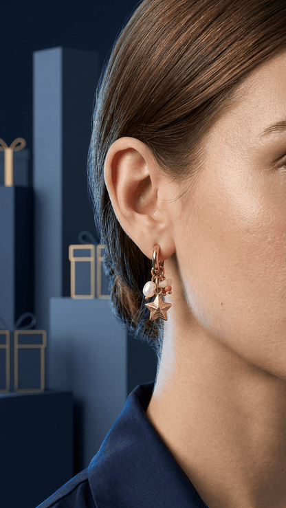 Gold Stardust Click Hoop earring worn on an ear, featuring charms of a gold star, a white pearl, and small pink beads.
