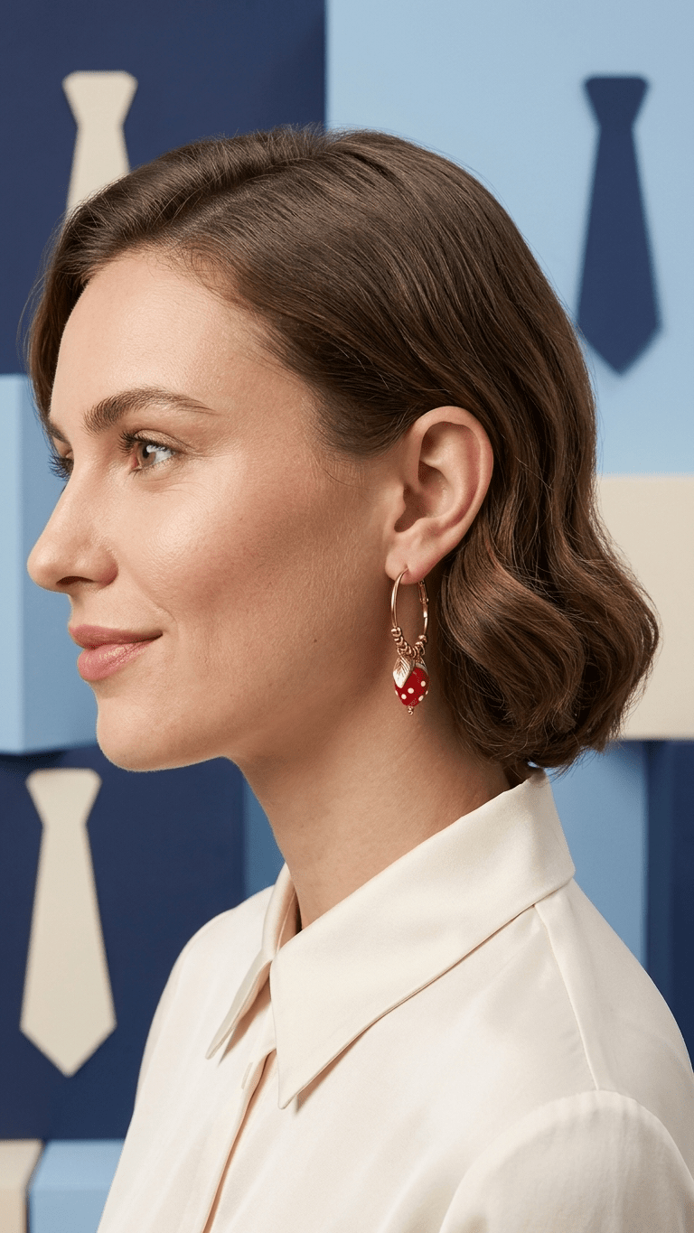 Gold hoop earrings featuring a small dangling red strawberry charm with white seeds, worn by a woman in profile.