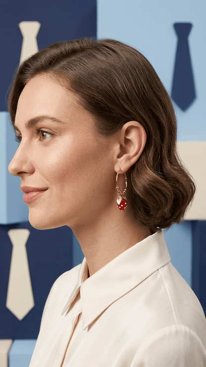 Gold hoop earrings featuring a small dangling red strawberry charm with white seeds, worn by a woman in profile.