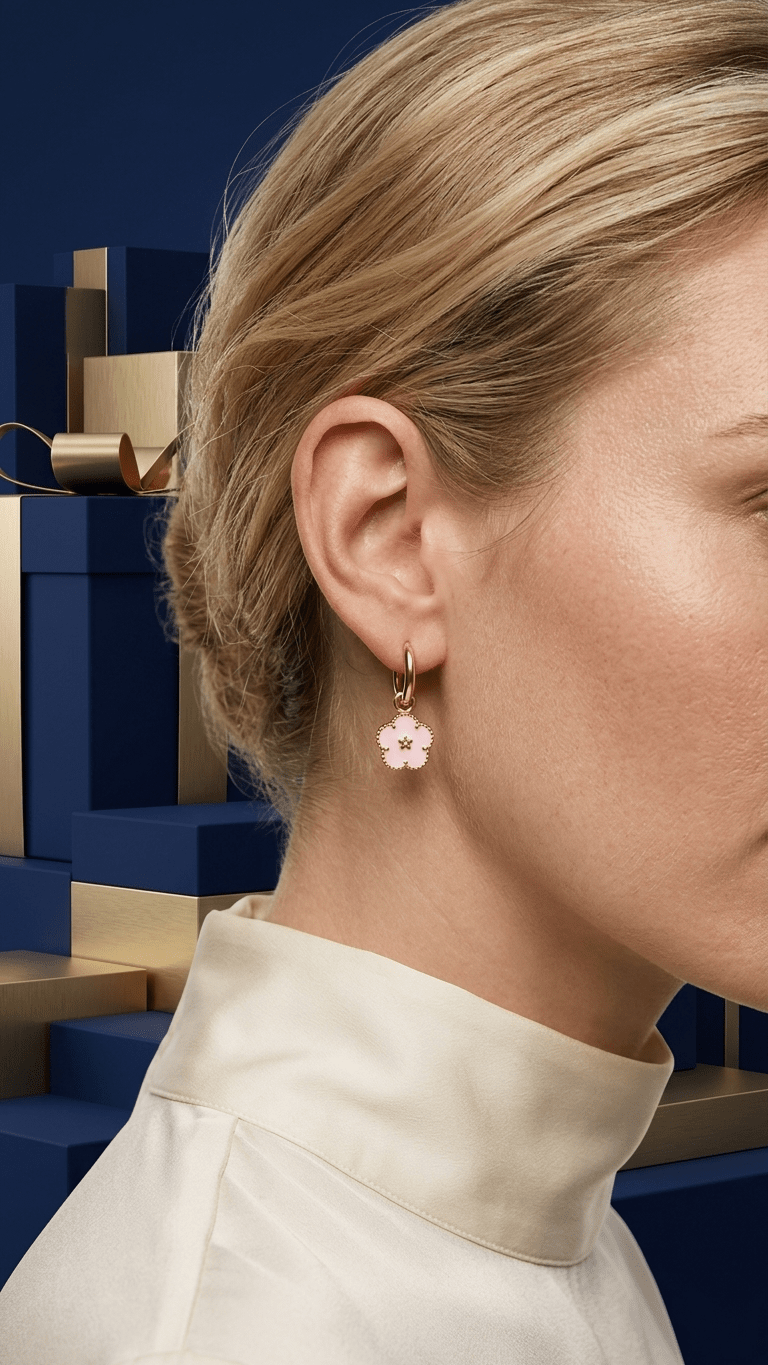 Soft Enamel Bloom Hoops: Gold hoop earrings featuring a dainty pink enamel flower charm with a small star center.