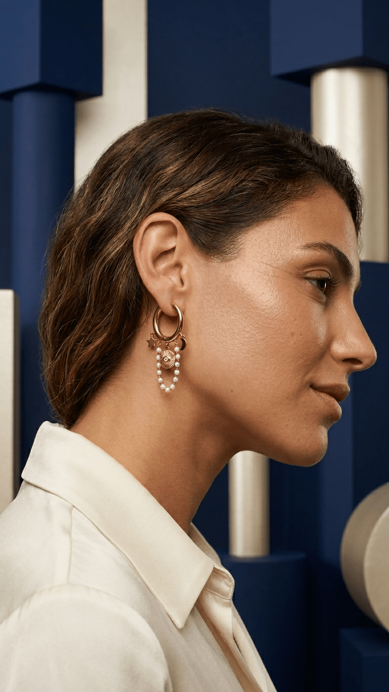 Gold hoop earrings with sun charm, moon and star accents, and dangling white pearl chains worn on a woman's ear.