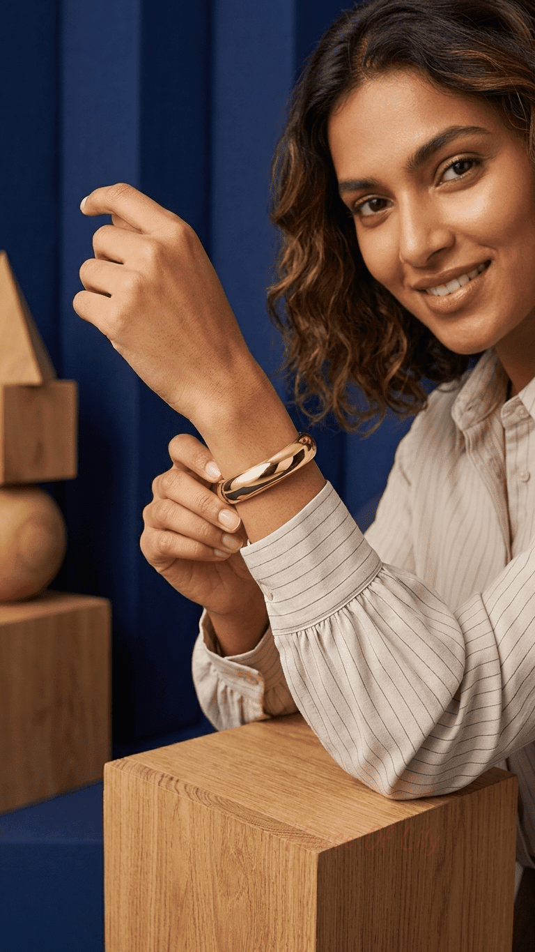 Chunky gold bangle with a polished, smooth finish worn on the wrist of a smiling woman in a striped shirt.