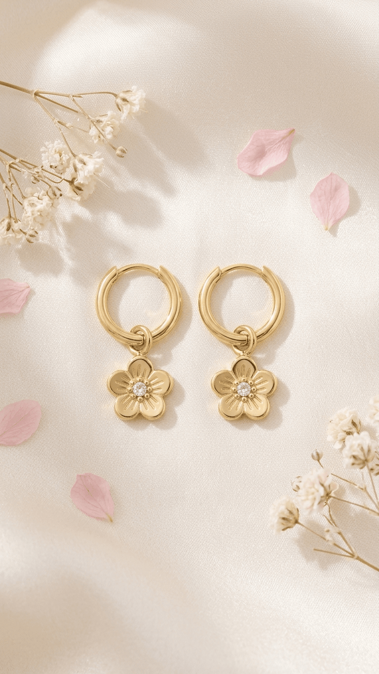 Gold hoop earrings with dainty flower pendants, featuring a central rhinestone on a light, floral-themed background.