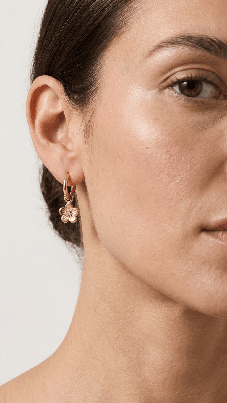 Gold hoop earring with a dainty, rhinestone-centered floral charm worn on a model.