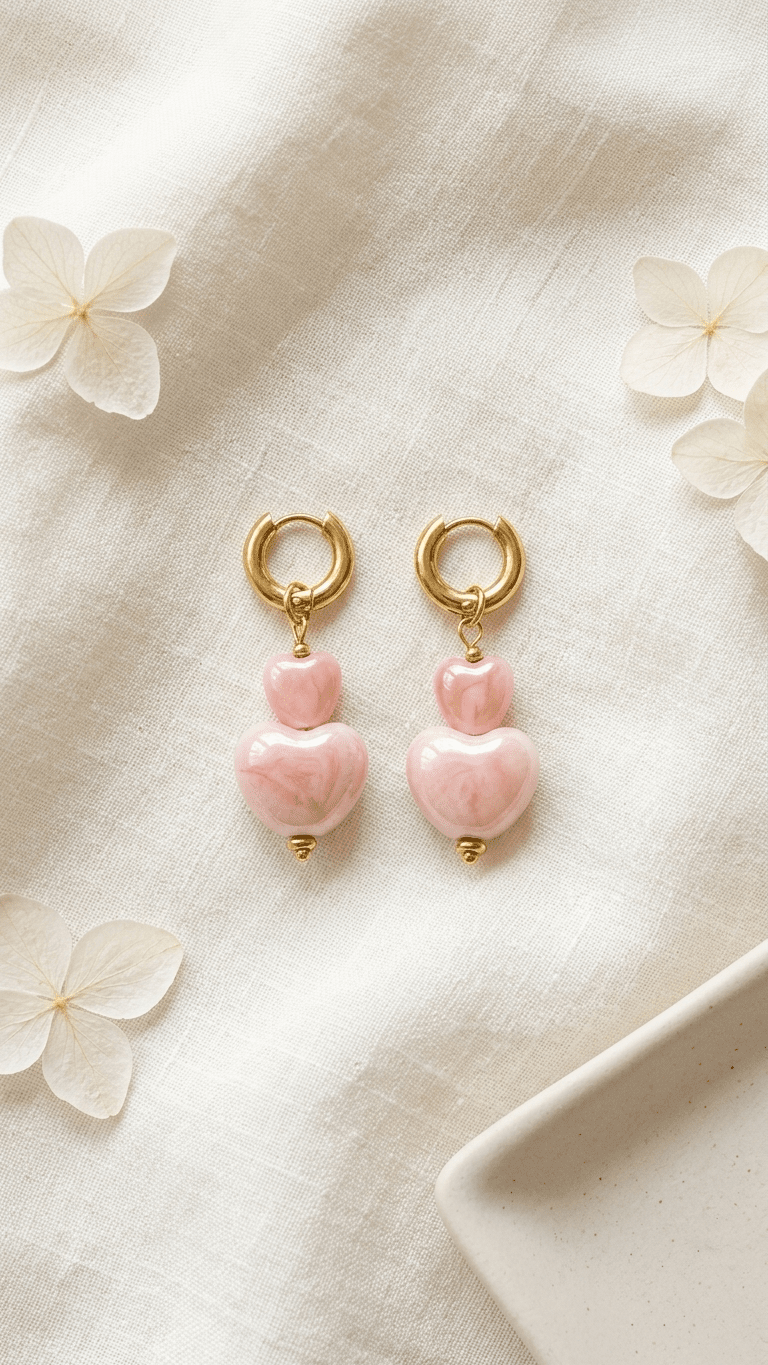 Bubblegum Heart Drip earrings: Gold hoops featuring two stacked, swirling pink marbled heart charms.