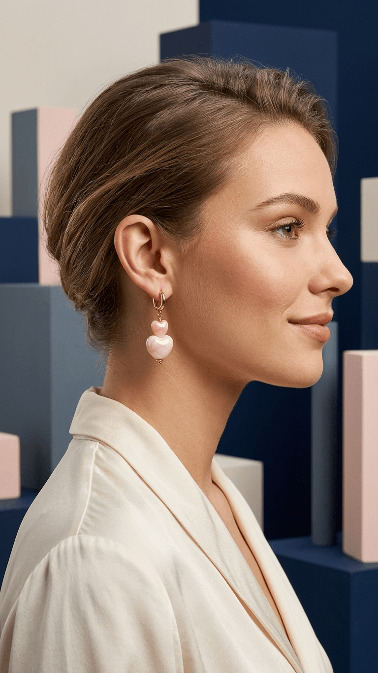 Woman wearing Bubblegum Heart Drip earrings: gold hoops with stacked, light pink marble-effect heart charms.