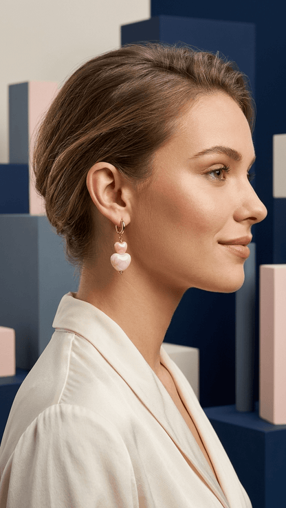 Woman wearing Bubblegum Heart Drip earrings: gold hoops with stacked, light pink marble-effect heart charms.