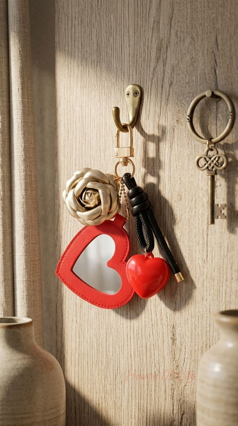 Heart & Rose keychain with glossy heart mirror, gold rose pendant, black braided strap on vintage wooden or fabric background.