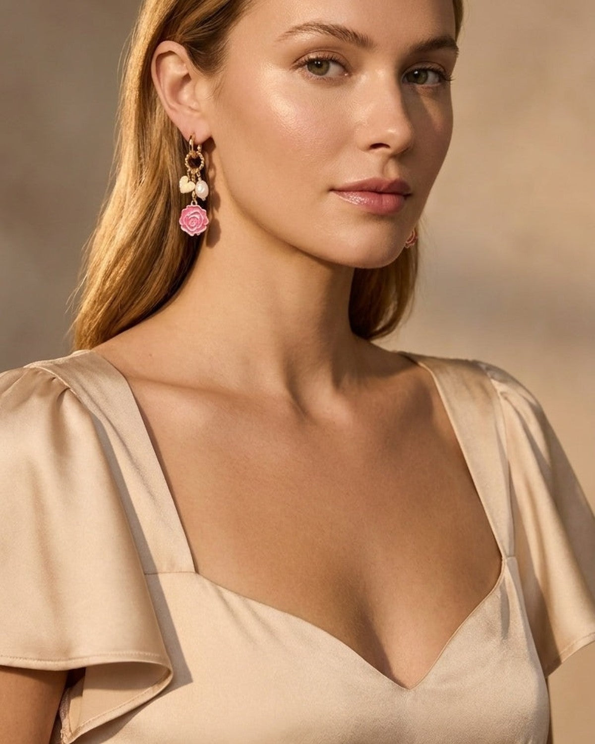 Model wears Golden Rose Bloom drop earrings featuring gold, white pearl, and pink rose charms.