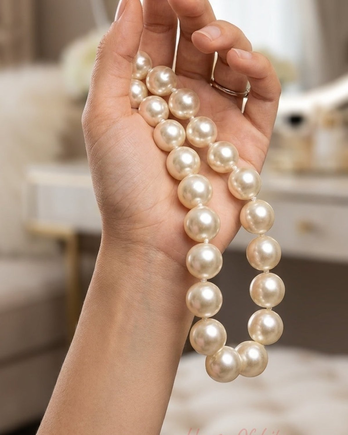 A hand cradling a lustrous strand of classic white pearls.