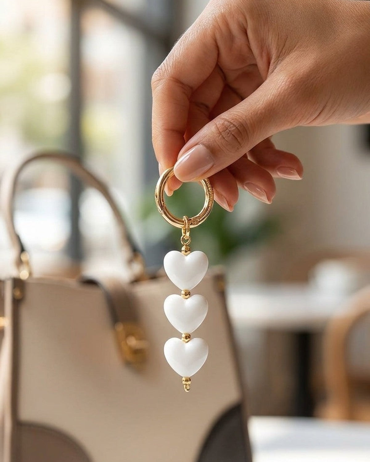 Gold keychain with three white heart charms held in front of a neutral-colored handbag.