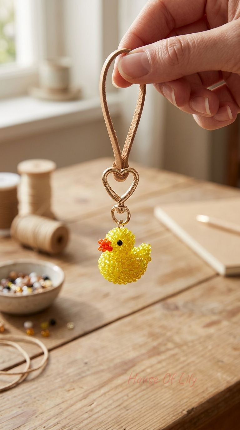 Tiny beaded duck bag charm in yellow with orange beak and black eyes, attached to a leather strap on a rustic wooden table.