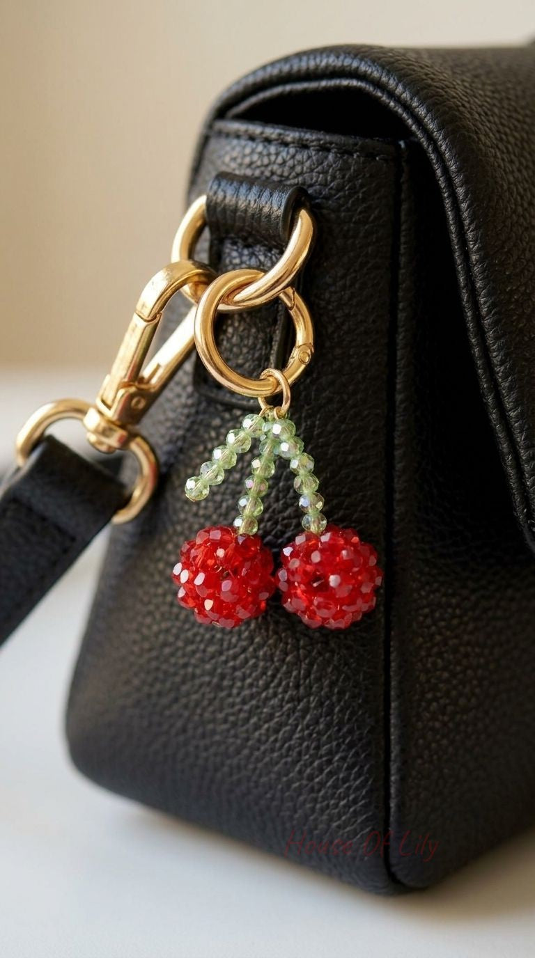 Close-up of the Cherry Bead Bag Charm hanging from a leather bag, showcasing red bead clusters, green stems, and gold clasp.