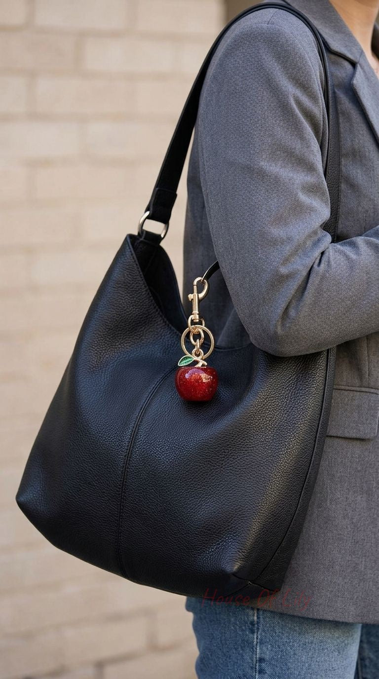 Petite glossy red enamel apple bag charm with green leaf, hanging from a gold lobster clasp, against a neutral fabric background.