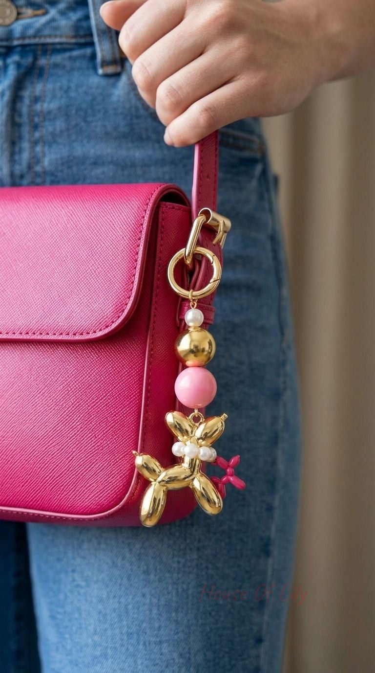 Close-up of a small gold balloon dog charm with pearl accents and glossy beads, highlighting its polished metal surface and intricate design.