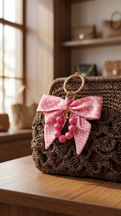 Small patterned bow bag charm with acrylic beads and textured fabric bow hanging from a handbag in a boutique scene, highlighting its details.