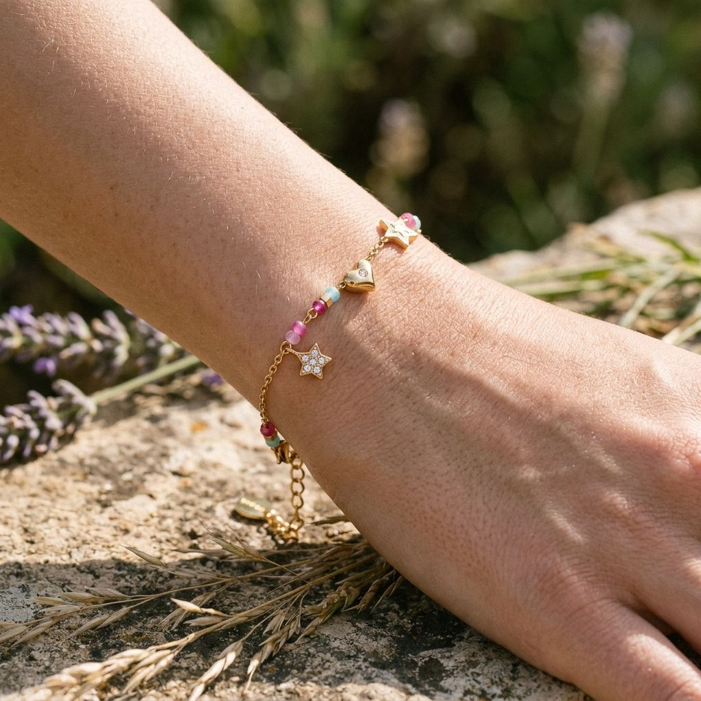 Close-up of Starry Heart Magic charm bracelet on wrist, featuring star and heart shapes with rhinestones, reflecting sunlight and showcasing its delicate design.