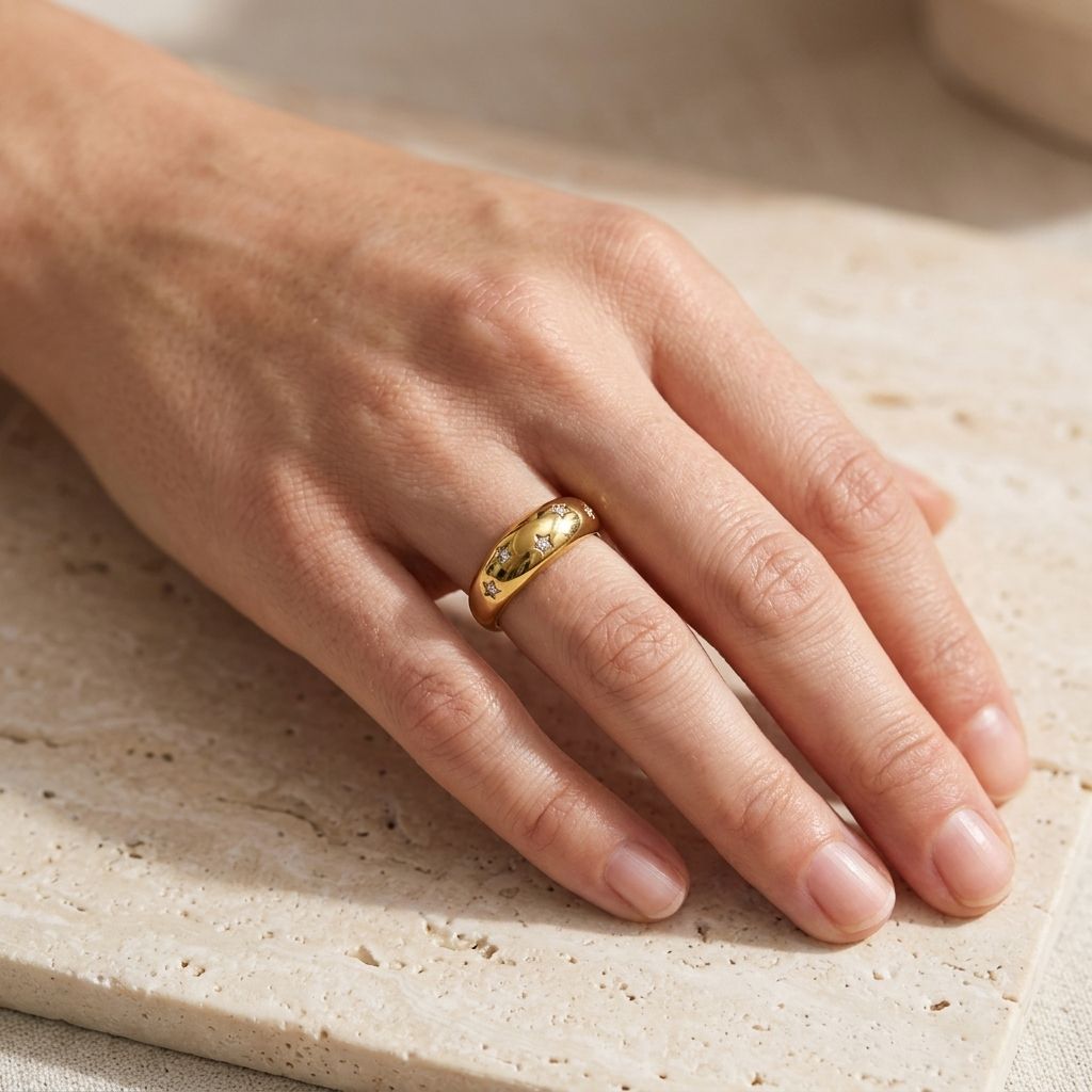 Worn on a model's ring finger, the Starry Night Band adds a subtle celestial touch to a casual chic look with soft lighting.