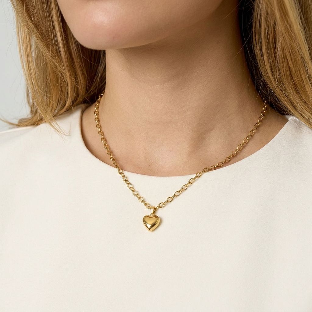 Close-up of the Sweetheart Silver Chain showing a dainty stainless steel heart pendant on textured fabric, highlighting its fine design and sparkle.