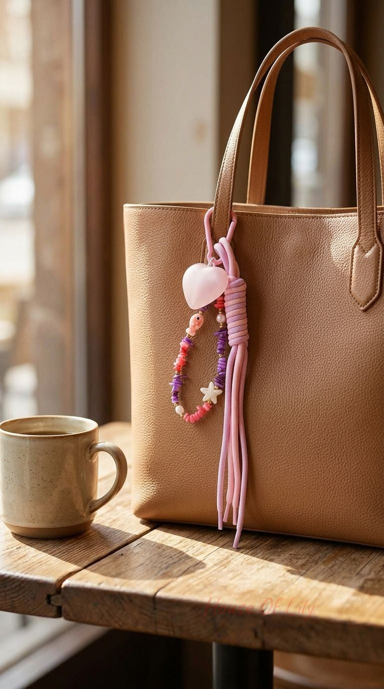 Tassel Heart Bag Charm with alloy frosted heart pendant, colorful beads, and tassels clipped onto a leather handbag in natural daylight.