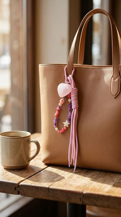 Tassel Heart Bag Charm with alloy frosted heart pendant, colorful beads, and tassels clipped onto a leather handbag in natural daylight.