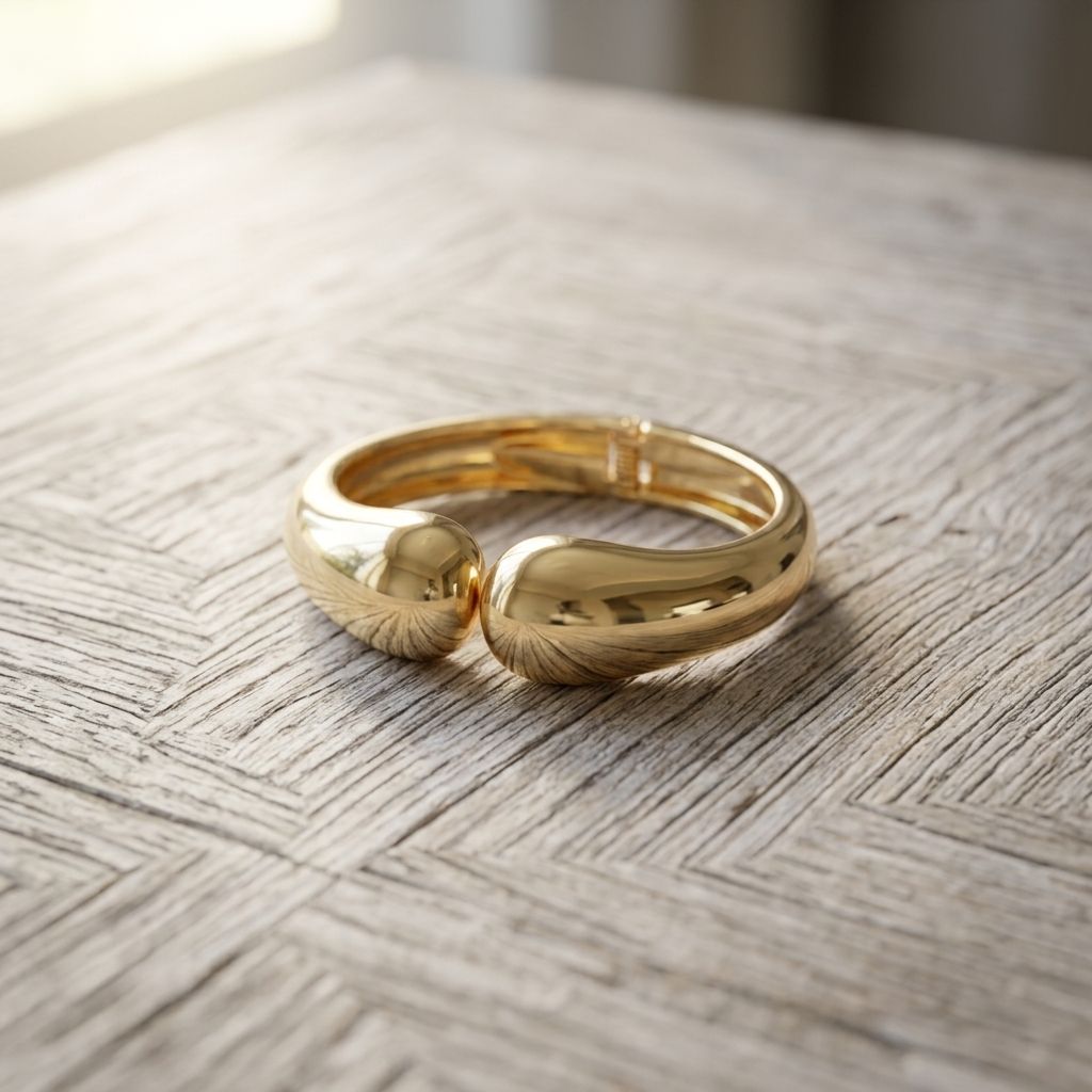 Close-up of the Wavy Twin Bangle resting on textured wooden surface, highlighting its irregular wavy shape and delicate shine.