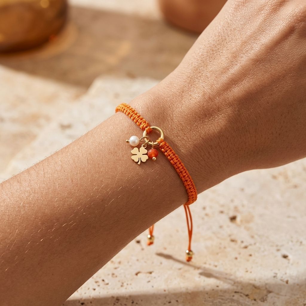 Model wears the Charm Party Stack bracelet loosely on the wrist outdoors, highlighting its textured braiding and playful style.
